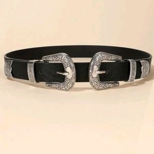 Vintage Style Black & Silver Western Double Buckle Belt